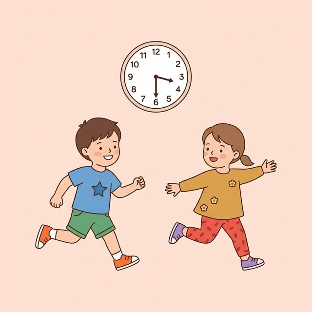 園見学：園児と時計のイラスト